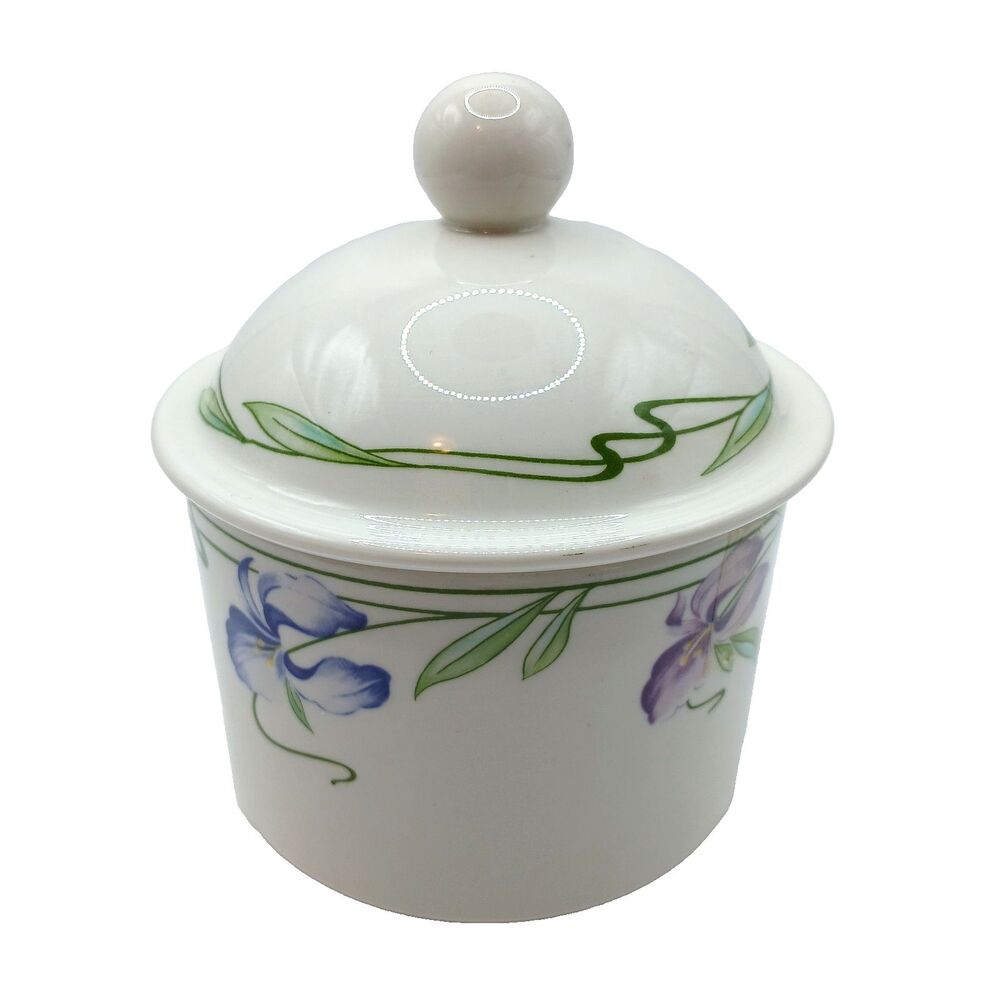 Villeroy & Boch Verona Covered Sugar Bowl White w/ Purple Iris Flowers 4 in Tall